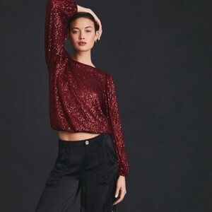 ANTHROPOLOGIE flat white Sequin Top Wine Size L